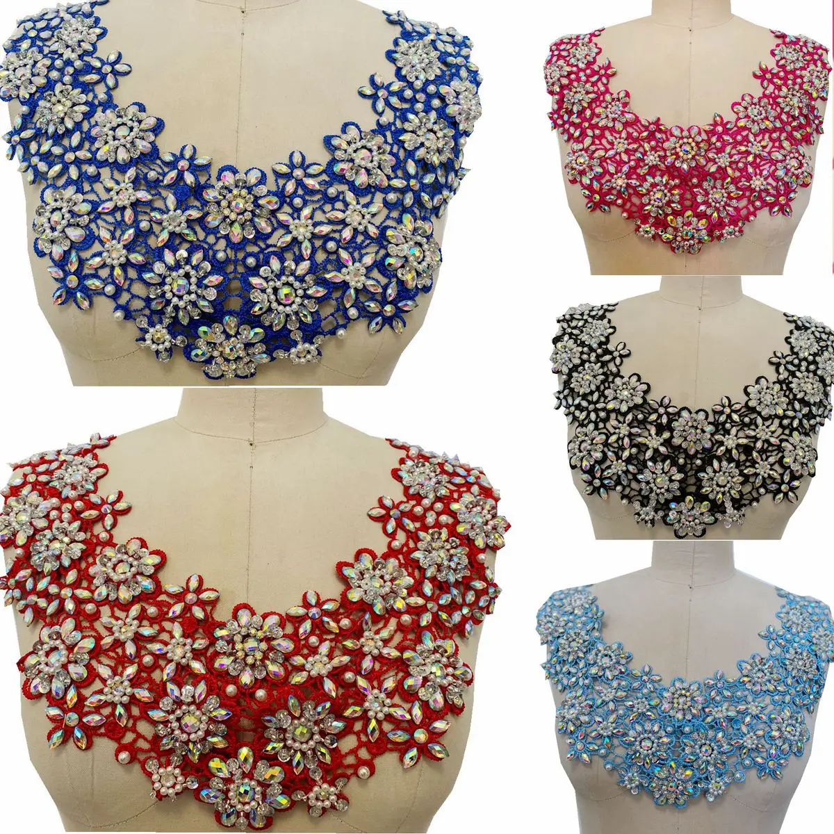 

Handmade beads sequins patches trim rhinestones lace applique for dress clothes neckline accessory