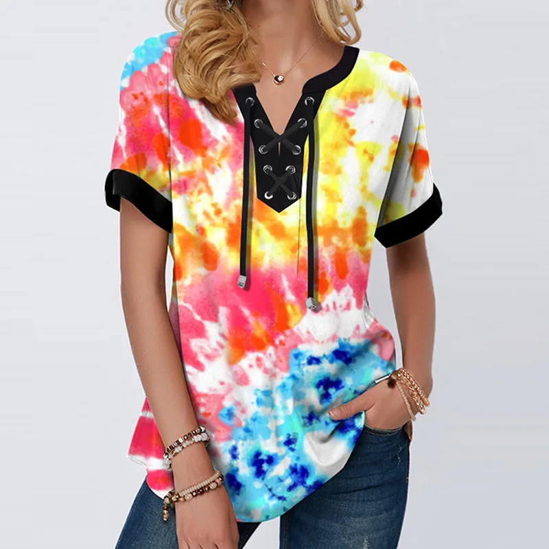 

2021 Summer New Vintage Floral Print Blouse Women Elegant V-Neck Drawstring Lace-Up Shirts Female Casual Short Sleeve Blusa 5XL