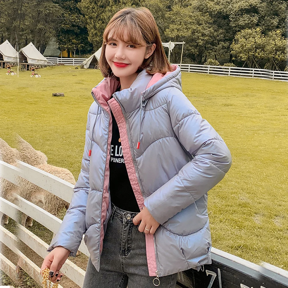 Пуховик новинка зимы 2020 яркий кожаный пуховик короткая куртка с капюшоном для