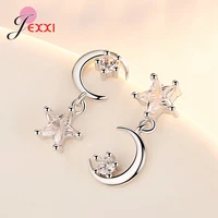 newest trendy punk earrings for ladies female s925 silver shining clear cubic zircon stone pave moon star asymmetrical pendiente