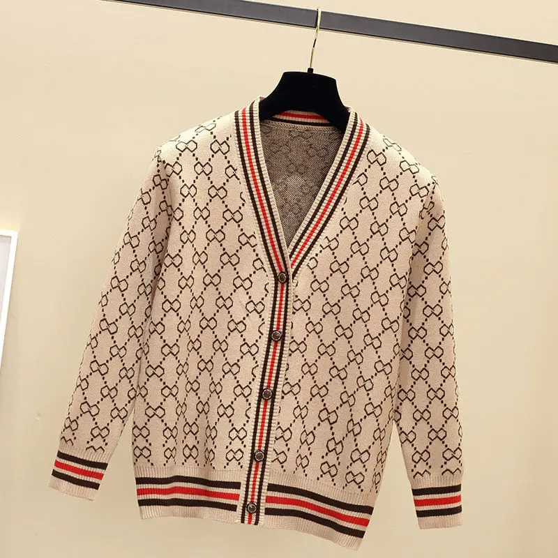

Spring and autumn new loose V-neck rhombic sweater women's cardigan jacket with sweater