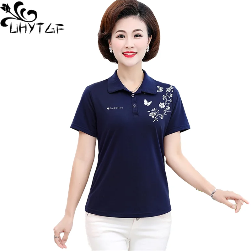 

UHYTGF T-Shirt Female Short-Sleeved Pullover Summer Tops Womens Solid Wild Slim 5XL Plus Size Blouse Elegant Mother Clothes 1313