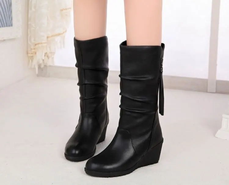 Women Leather Boots High Heels Wedges Flat Platform Boots Winter Female Woman Shoes 2023 Rain High Quality Boots Plus Size
