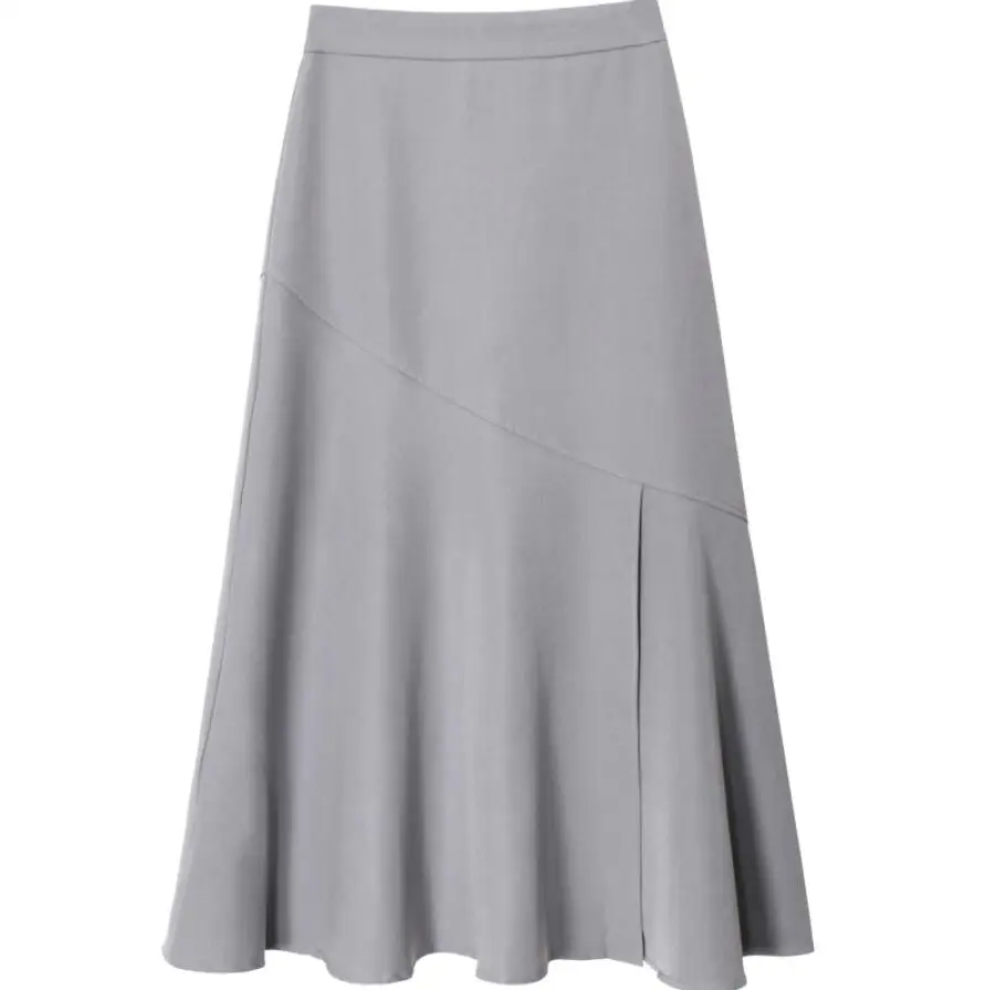 

2020 Spring a-line stitching split fishtail skirt female calf-length skirt Korean high waist commuting was thin skirt r1050