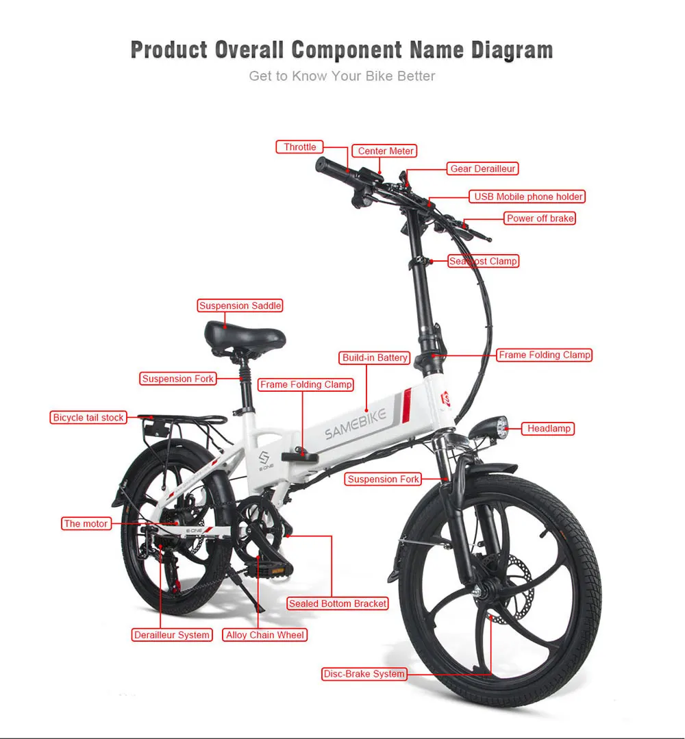Складной алюминиевый электрический велосипед SAMEBIKE 20LVXD30 48V 10.4AH 350W бесщеточный