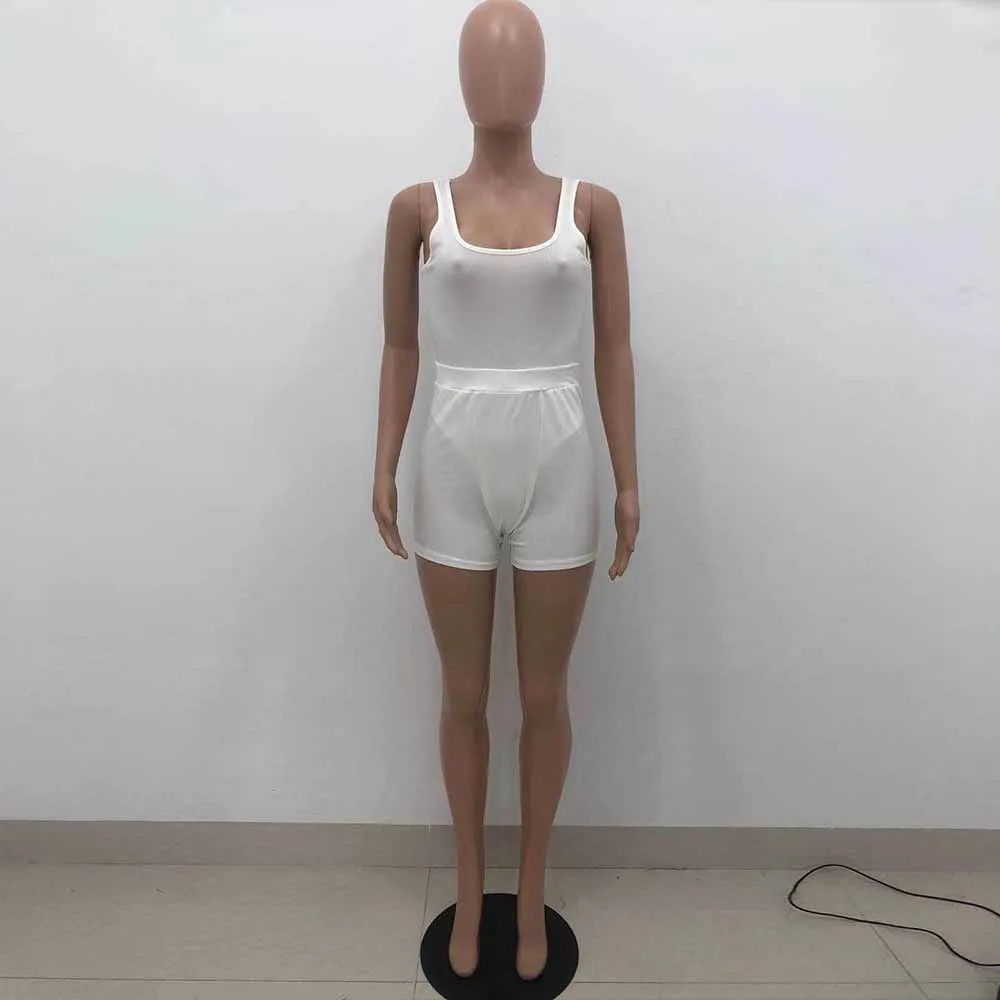 

Casual Elastic Hight Fitness Two Piece Sport Suits for Women Low Neck Sleeveless One Piece Bodysuit and Biker Short Streetwear