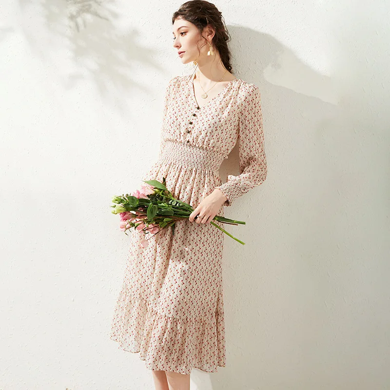 Женское шифоновое платье миди с принтом розовое в стиле девушки из леса V