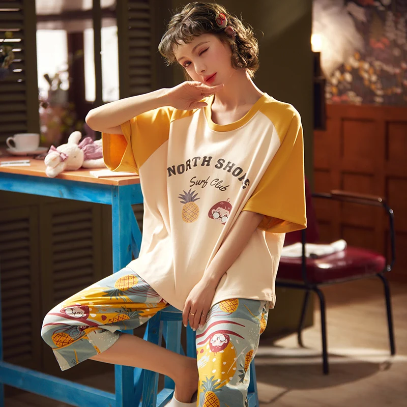 Простая Пижама женские пижамы Хлопковые пижамные комплекты с коротким рукавом