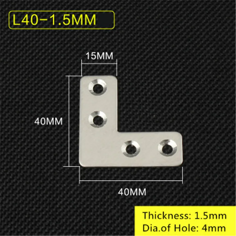 L40-1.5mm 5 шт./лот, толщина 1,5 мм, LT форма, нержавеющая сталь, плоский угол, кронштейн, поддержка, угловой кронштейн, мебельная фурнитура, разъемы - Цвет: L40-1.5mm