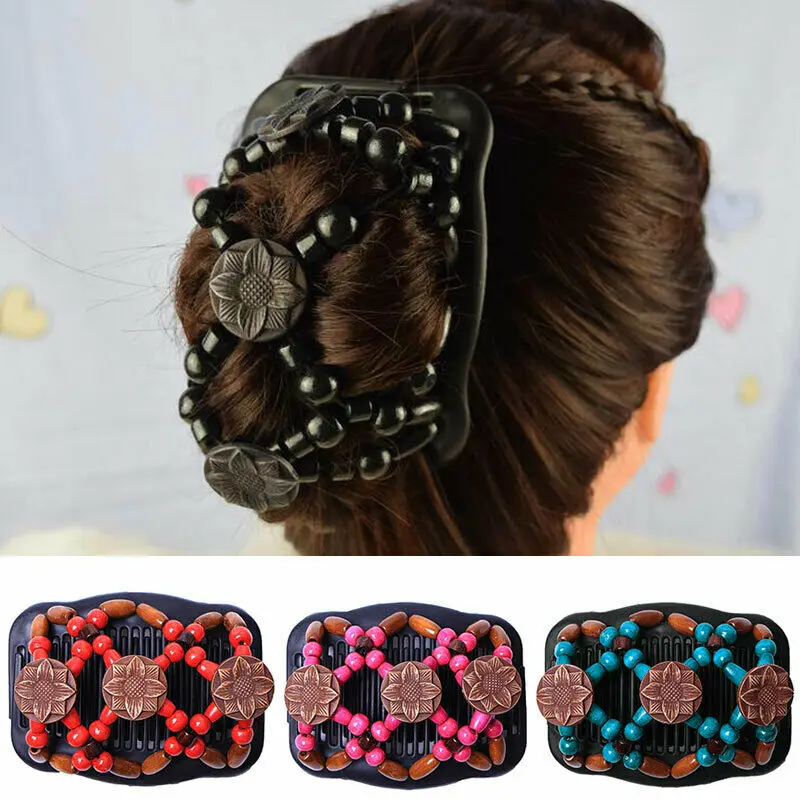 Women Hair Accs. Magic Hair Comb Hair Clip Double Slide Wood Beads Retro