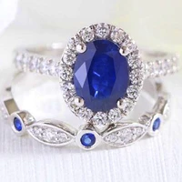 popular 2 pcsset temperament egg shaped blue crystal ring set for women inlaid white crystal banquet ring jewelry whole sale