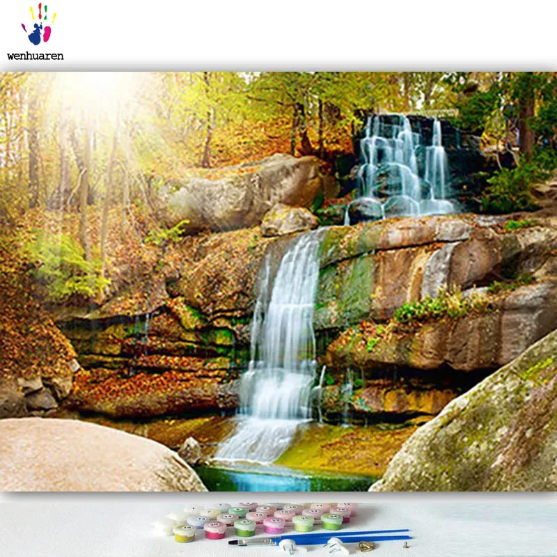 DIY картинки для раскраски по номерам с цветами водопад на солнце картина