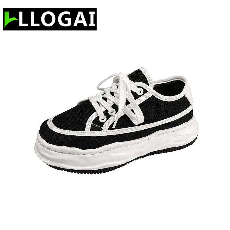 

Black Casual Sports Shoes Student Lace Up Canvas Sneakers 2021 Autumn New Ladies Vulcanized Shoes Fashion Platform Women's Shoes