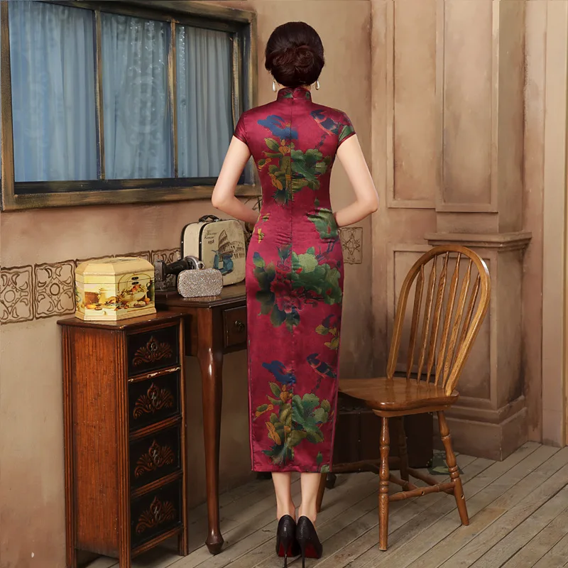 Платье-Ципао длинное шелковечерние с цветами |