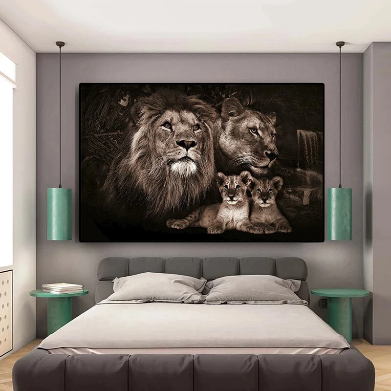 

Black and White Animal Art Canvas Painting Baby Lion Family Poster and Prints Wall Art Picture for Living Room Home Decor Cuadro