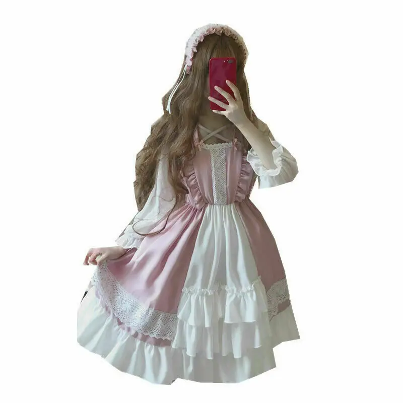 

ZN Sweet Kawaii Lolita Dress Women Vintage Japanese Cute Kawaii Ruffle Puff Sleeve Dresses Lace Princess Tea Party Dresses