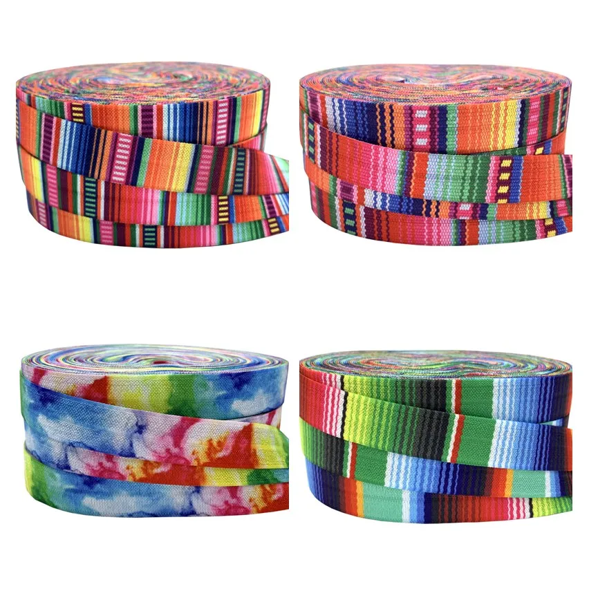 16mm Tie Dye Colorful Stripe Print Fold Over Elastic FOE Ribbon Headwear Party Gift Packing Sewing Home Decoration Accessory 10Y