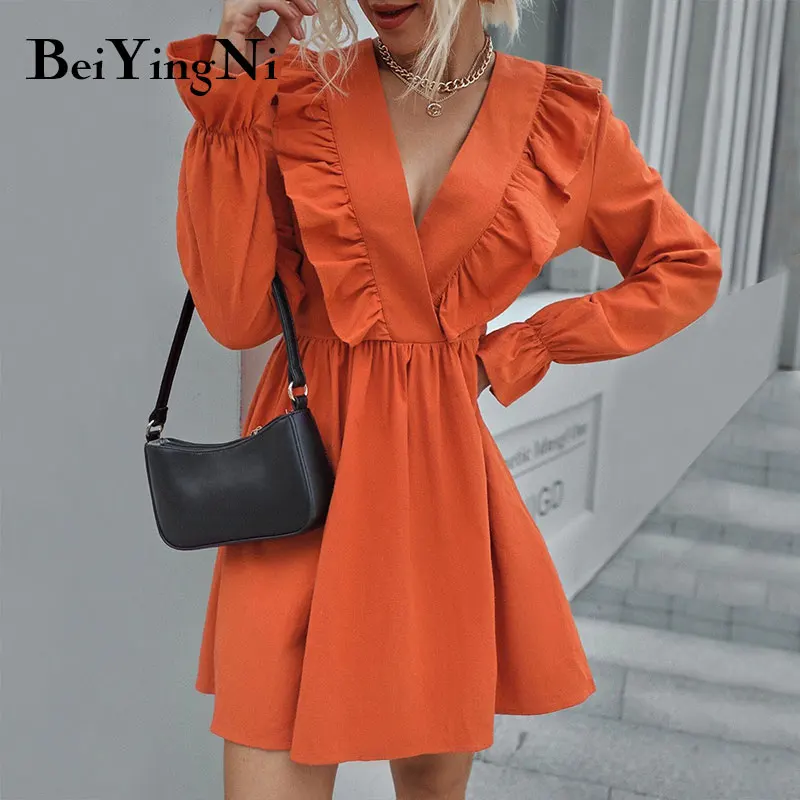 

Beiyingni сексуальное элегантное женское платье в стиле пэчворк с оборками на весну и лето, ТРАПЕЦИЕВИДНОЕ мини-платье с V-образным вырезом и дли...