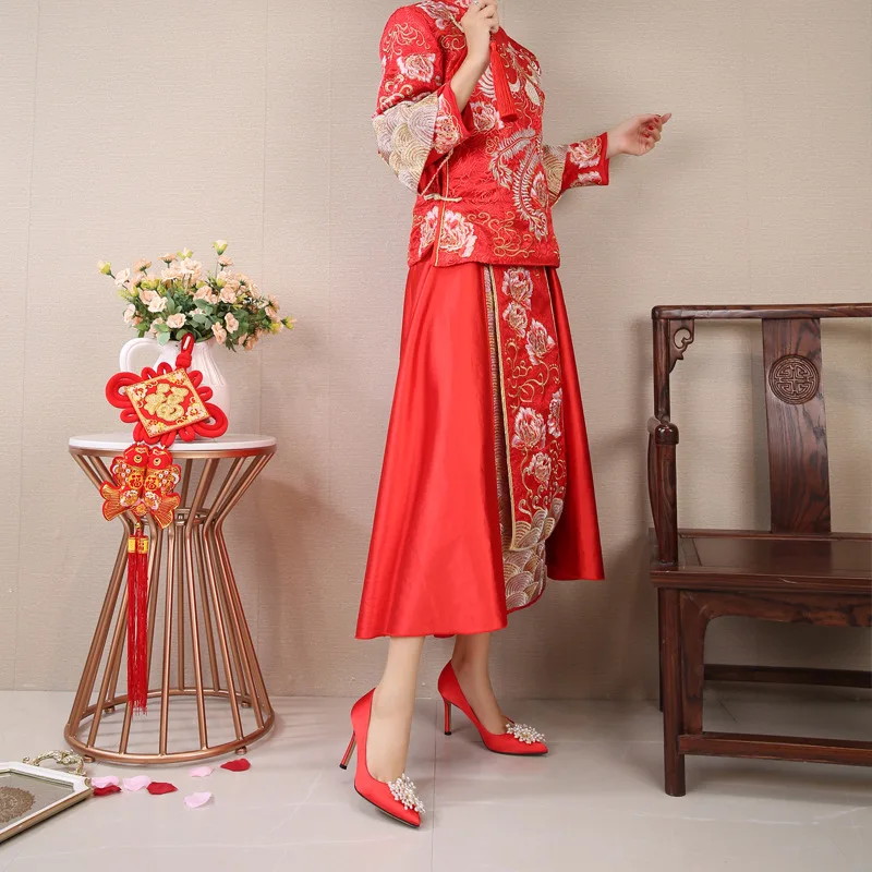 Red Wedding Shoes Banquet Women's High Heel Shoes 2020 New Style Four Seasons Large Size WOMEN'S Shoes Thin Heeled Bride Shoe