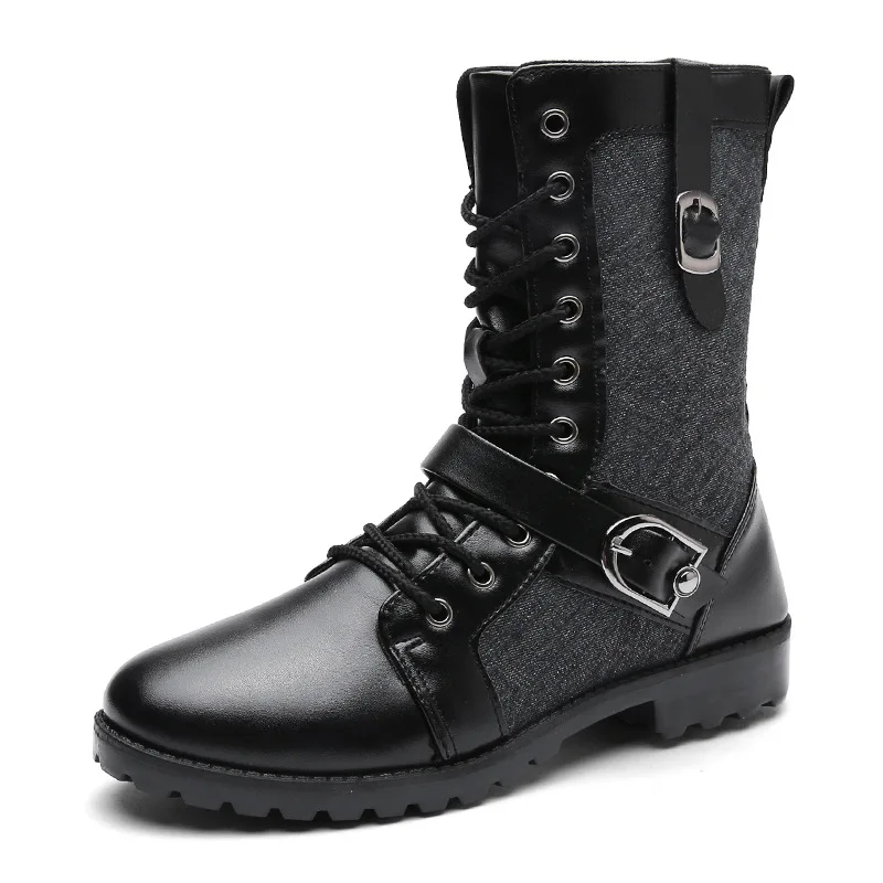 Winter Men Motorcycle Boots Fashion Mid-Calf Punk Rock Punk Shoes Mens BootsLeather Black High top Casual Boot Man - Цвет: 1