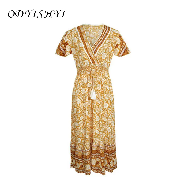 

Women Holiday Costumes Long Dress 2021 Summer Short Sleeve Bohemian V-Neck Tie Casual Printing Dresses Female XM09
