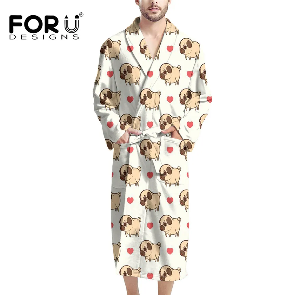 

FORUDESIGNS Men's Nightgown Cute Interesting Pug Dog Pattern 3D Print Yukata Bathrobe Gown Long Sleeve String Bathrobes кимоно