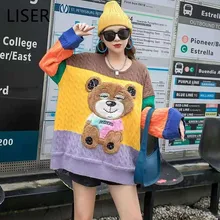 Spring Autumn Fashion Contrast Color Stitching Cartoon Bear Sweater Women 2022 New Loose And Thin Kn