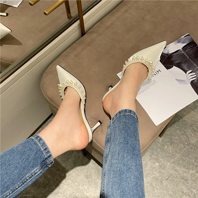 

2021 Summer New Style Ladies Stiletto Sandals Fashion Beaded Stiletto Slippers Plus Size Casual Women's Slippers