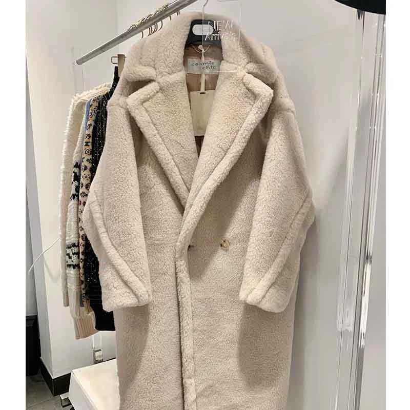 

Winter Women Teddy Bear Turn-Down Collar Limited Vanilla Color Double Breasted Cashmere Fur Coat Outwear