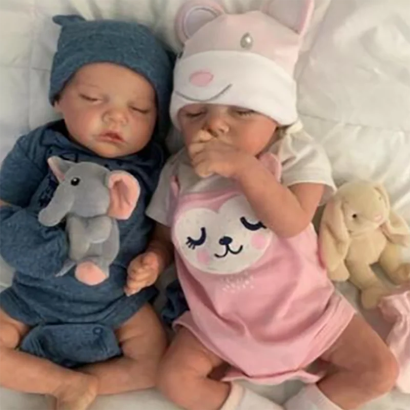 

17 Inch Twin Reborn Baby Doll Silicone Hand Painted Brown Hair Reborn Baby Doll Newborn Princess Hat Birthday Gift Toy For Kids