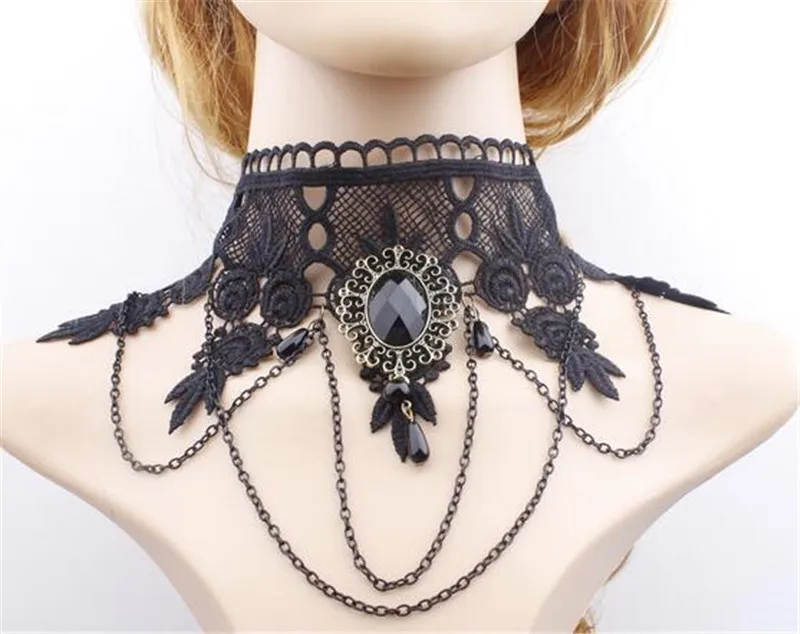 Gothic Victorian Queen Black Lace Choker Necklace Sexy Hollow Metal Cameo Jewel Steampunk Cosplay Punk Dresses Accessories | Тематическая