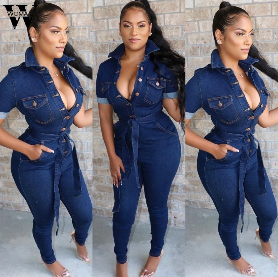 Женский комбинезон летний офисный модный длинный с коротким рукавом джинсовый