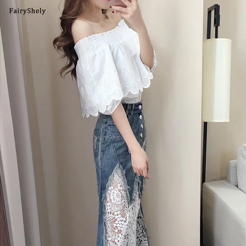 

Fairyshely Korean Lace Patchwork Denim Skirt 2-piece set Women 2021 Spring Summer Slash neck top Skirt Office Elegant Lady Suit