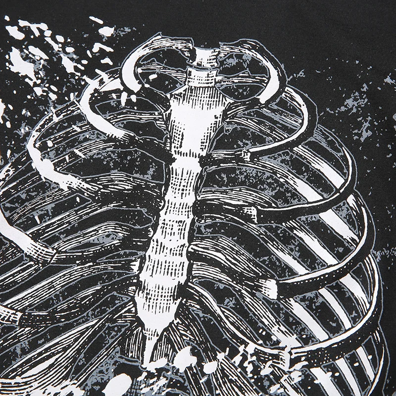 

Women Spring Autumn Crop Tops Adults Skeleton Print Long Sleeve Round Neck T-shirt Black/White/Grey/Red