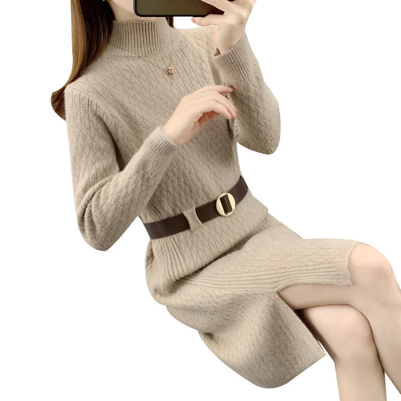 Женское трикотажное платье-туника с высоким воротником и поясом | Женская одежда