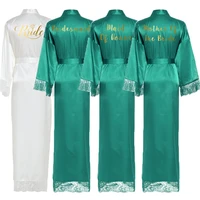 new silk satin lace robes white bridesmaid bride wedding long robe bathrobe plus size maid of honor gown pajamas green