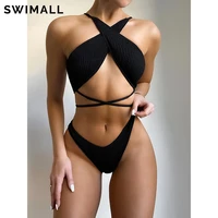 2021 sexy cross bandage bikini swimsuit women swimwear ribbed bikini set brazilian beachwear bathing suit biquini female