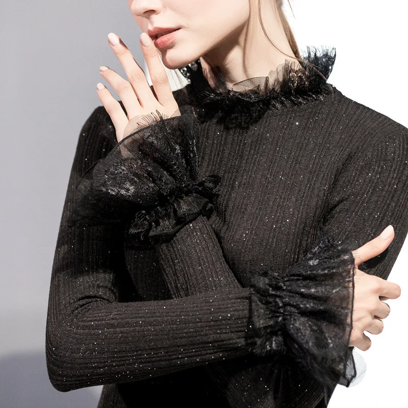 Осенняя одежда Женская Блестящая сетка макет шеи длинный рукав вязаный свитер с