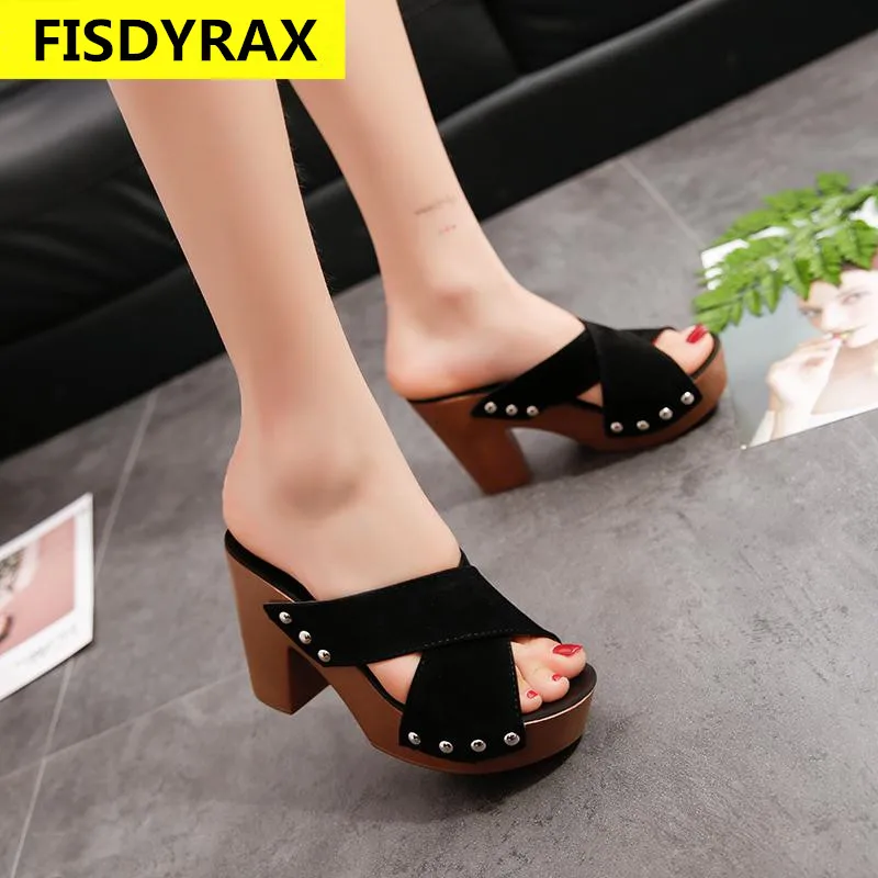 

Summer Women Sandals Square High Heel Platform Flock Casual Rivet Pumps Peep Toe Female Elegant Ladies Shoes Zapatos De Mujer