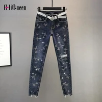 high waisted butterfly embroidery diamonds ripped jeans for women blue pencil denim pants trousers 3xl plus size super stretchy