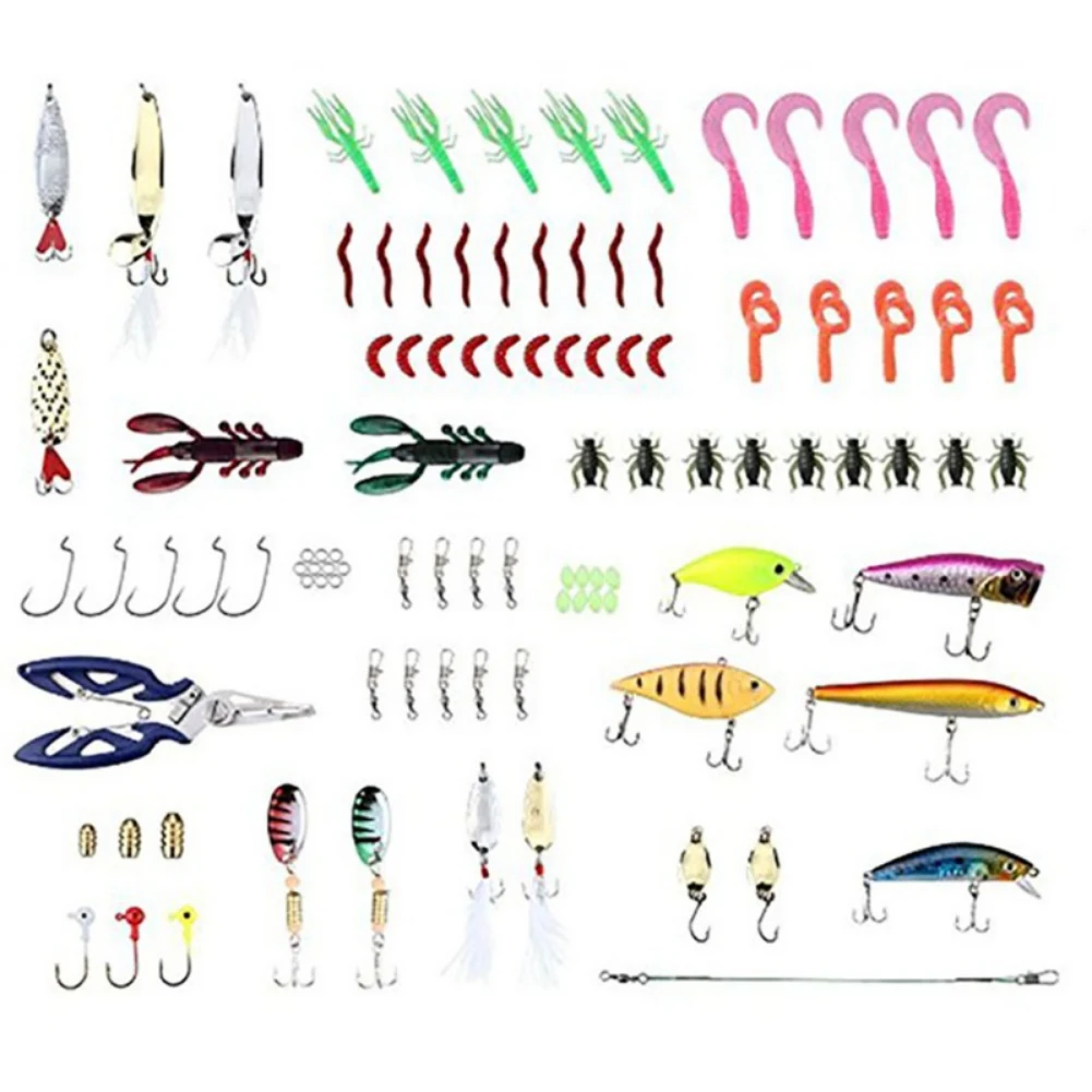 

Fishing Lure Bait Tackle Kit 101 Mixed Fishing Pliers, Soft Bait Hard Bait Crank Bait Jig Fishing Hook Top Water Freshwater Lure
