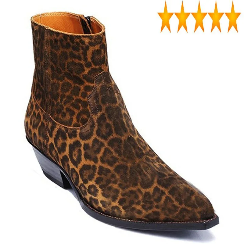 

Men Runway Luxury Leopard Brand Printed Chelsea Pointed Toe Cow Suede Cowboy Ankle Boots 2021 Summer Dress Botas Plus Size