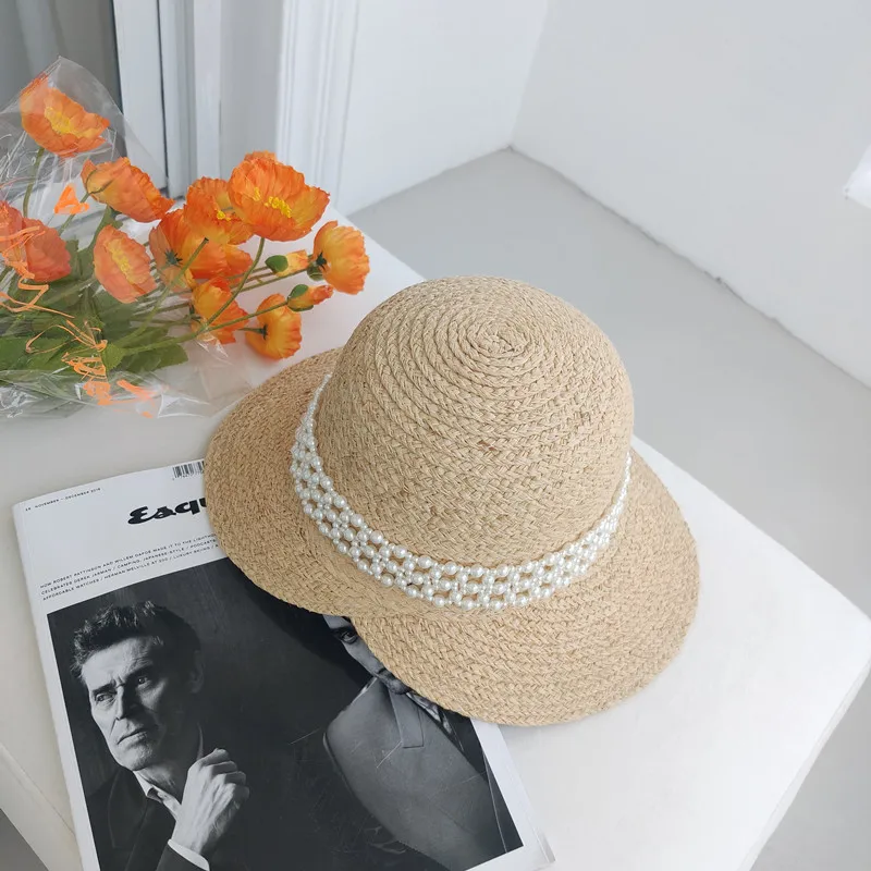 2020 New Fashion Raffia Sun Hat Straw Pearl Wide Brim Summer Beach Visor Women Hats H79 | Аксессуары для одежды