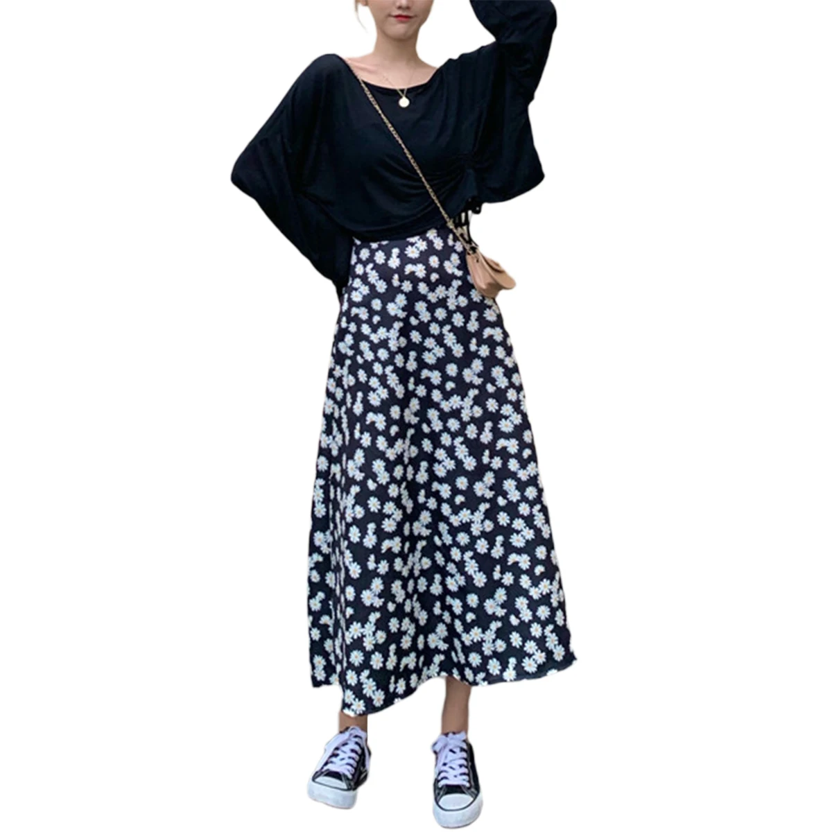 

Женская летняя юбка с высокой талией, Повседневная трапециевидная юбка до щиколотки с цветочным принтом маргариток