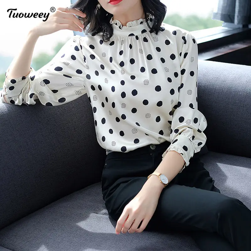 

Женские весенне-летние стильные шифоновые OL женские блузки рубашки повседневные блузы с длинным рукавом в горошек с воротником-стойкой и о...