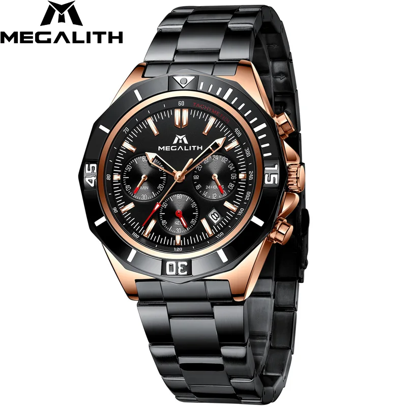 Relogio Masculino MEGALITH часы мужские спортивные водонепроницаемые военные кварцевые часы из нержавеющей стали светящиеся наручные часы с хронографом - Цвет: steel rosegold
