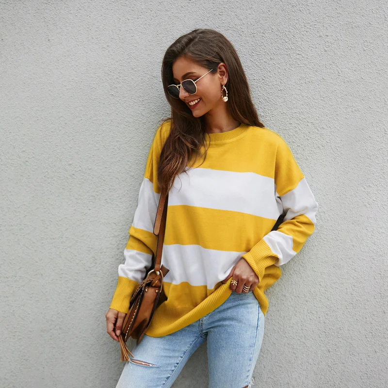 Новинка 2019 Осенний вязаный свитер Повседневный длинный рукав в полоску