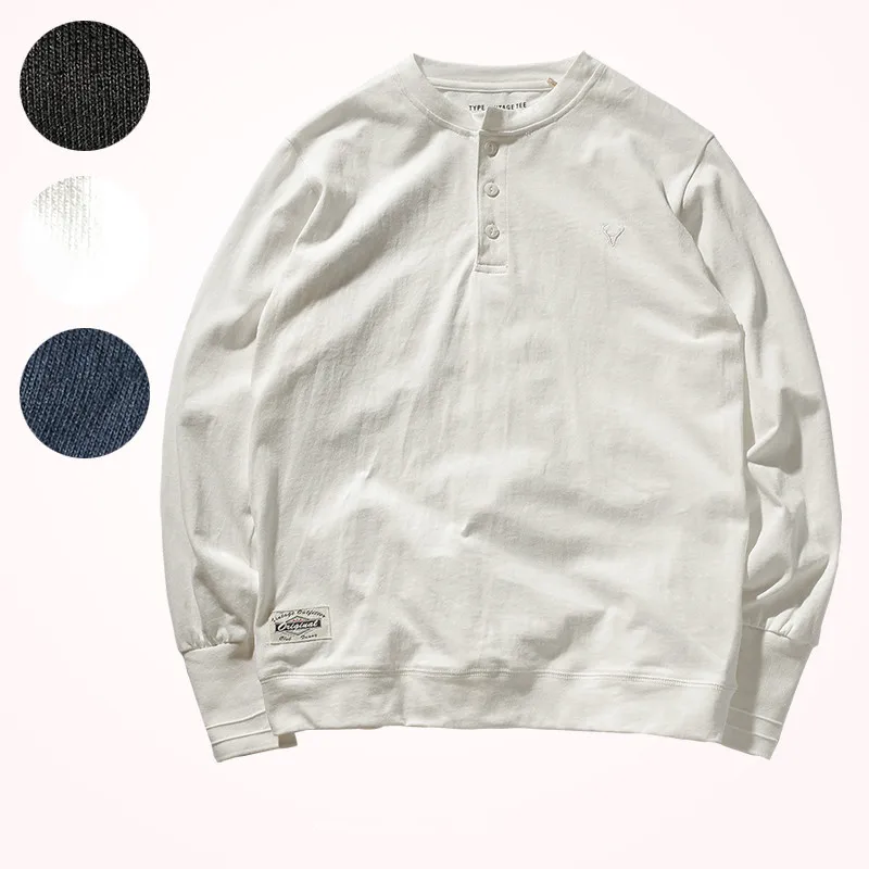 

2020 Autumn Winter New Men's Fashion Simple Long Sleeve Henry Collar 100% Cotton Washed Old Slim Solid T-shirt Bottomed Shirt T