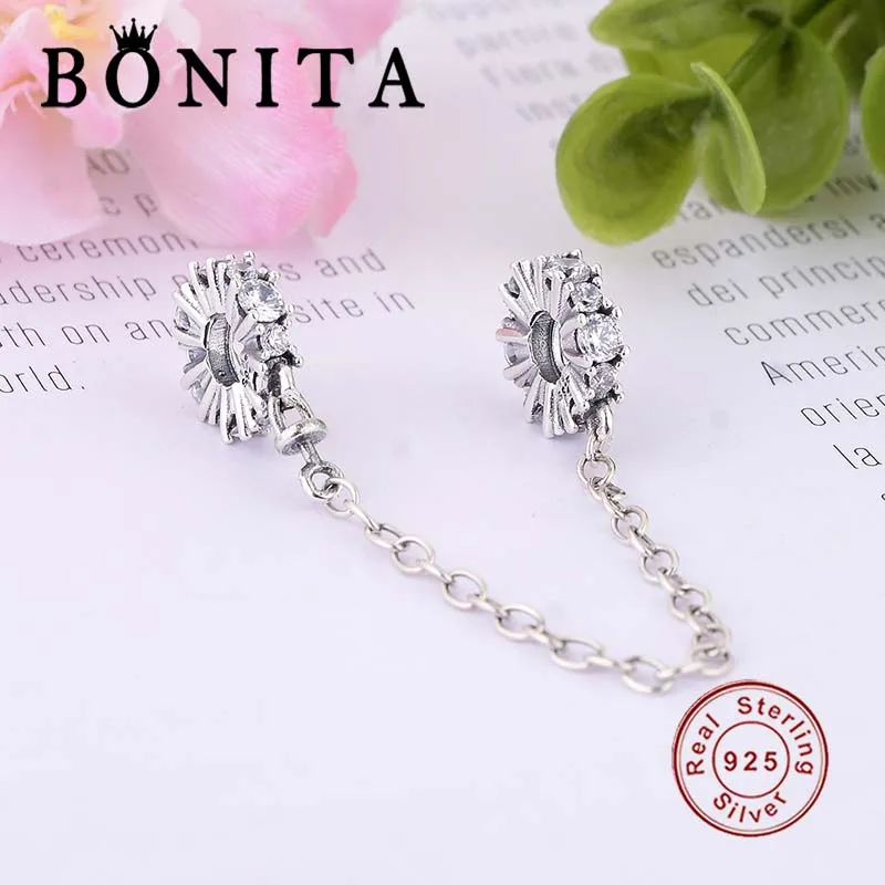 Authentic 925 Sterling Silver Clear Sparkle Safety Chain Charm Fit Original Pan Charms Bracelet DIY Jewelry | Украшения и
