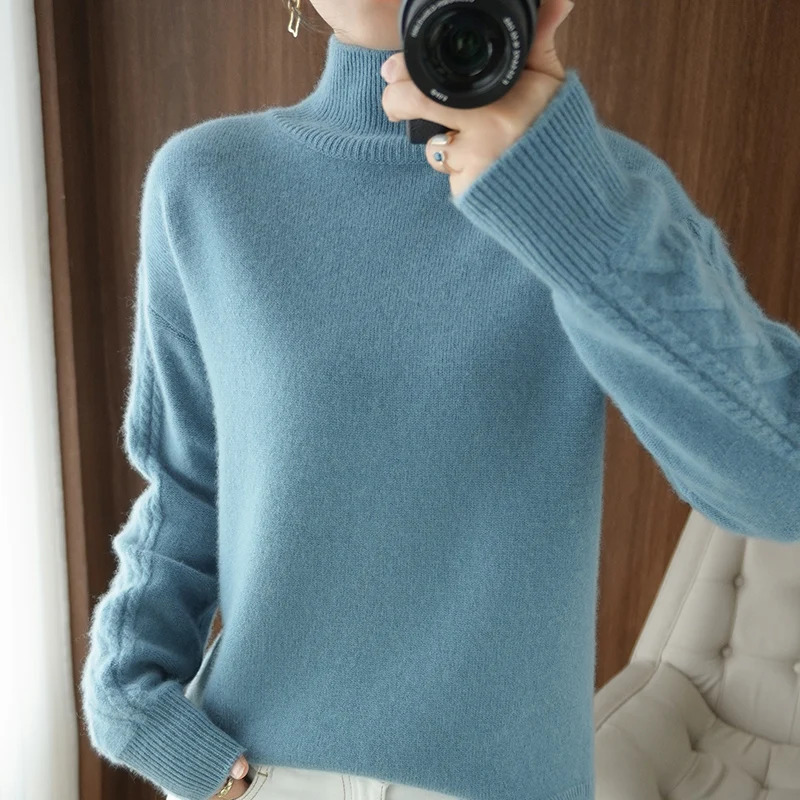 Autumn and winter new style pure wool half high neck cashmere sweater women loose thick wool knitted bottoming sweater pullover